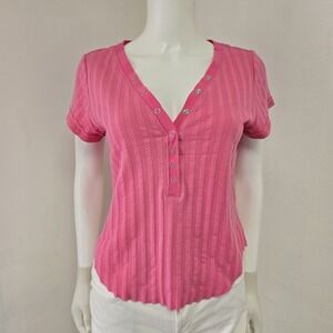 Pilcro Anthropologie Ribbed Henley Tee Top Pink Short Sleeve Size L Fitted